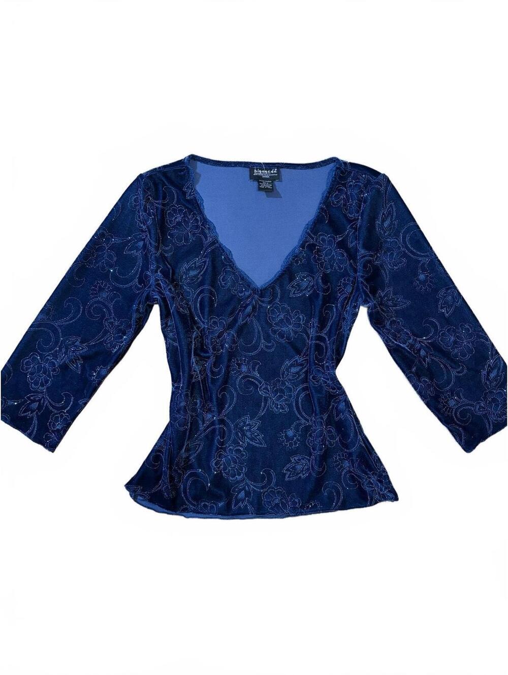 b.i.y.a.y.c.d.a. Velvet Blue Blouse Glittery V-Neck Long Sleeve